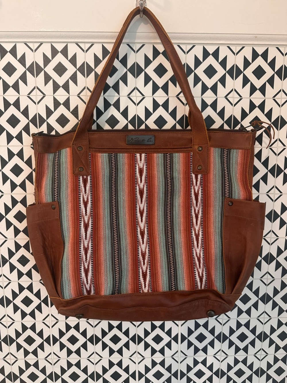 Nena & Co. Brown Leather-Trimmed Multicolor Striped Tote